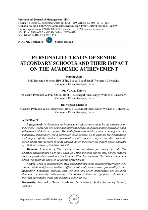 (PDF) PERSONALITY TRAITS OF SENIOR SECONDARY SCHOOLS AND THEIR IMPACT ...