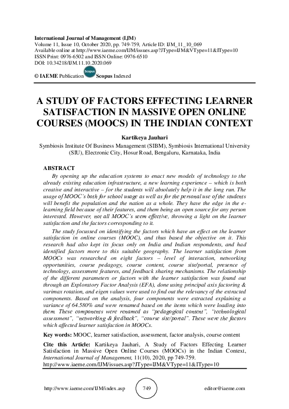 (PDF) A STUDY OF FACTORS EFFECTING LEARNER SATISFACTION IN MASSIVE OPEN ...