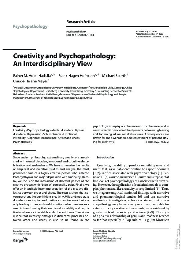 (PDF) Creativity and Psychopathology - An Interdisciplinary View
