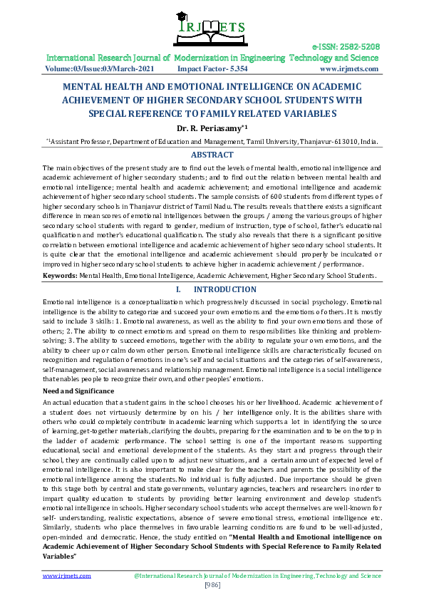 (PDF) MENTAL HEALTH AND EMOTIONAL INTELLIGENCE ON ACADEMIC ACHIEVEMENT ...