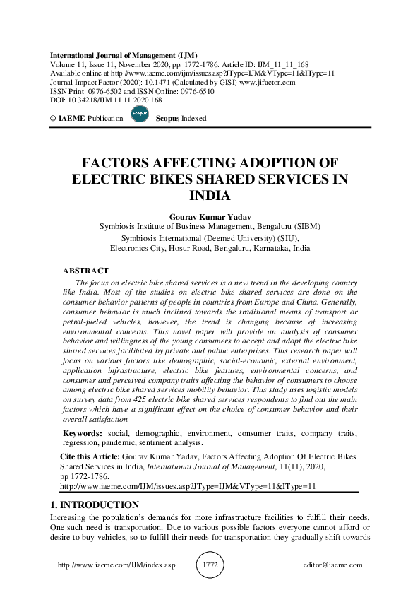 (PDF) FACTORS AFFECTING ADOPTION OF ELECTRIC BIKES SHARED SERVICES IN INDIA