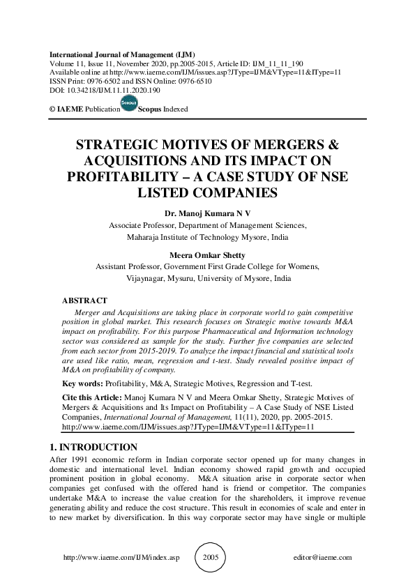 (PDF) STRATEGIC MOTIVES OF MERGERS & ACQUISITIONS AND ITS IMPACT ON ...