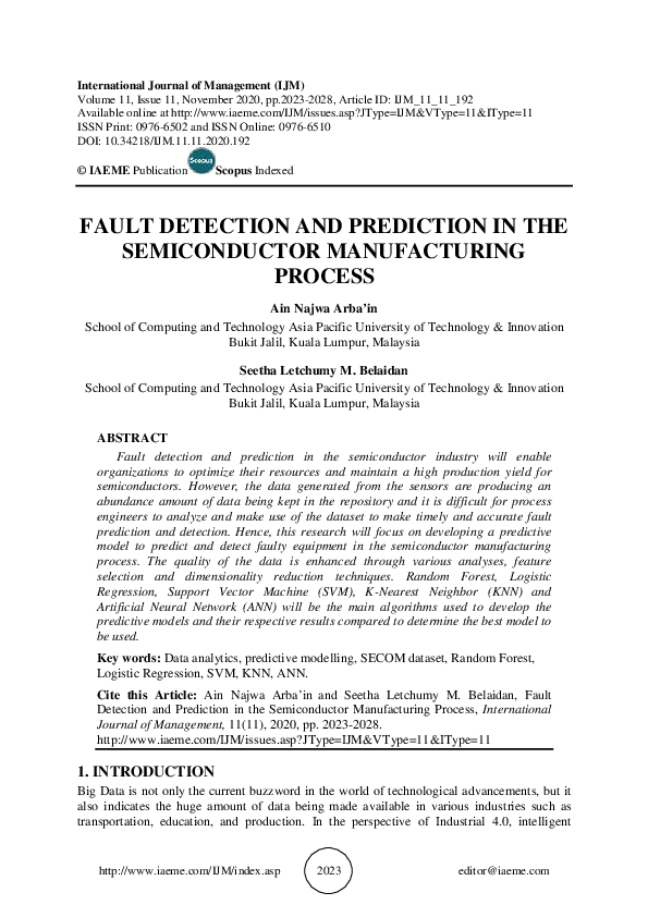 (PDF) FAULT DETECTION AND PREDICTION IN THE SEMICONDUCTOR MANUFACTURING ...