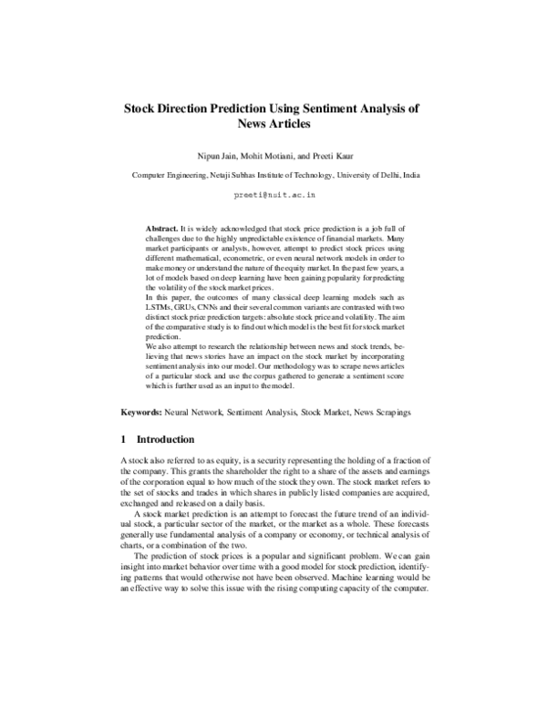 (PDF) Stock Direction Prediction Using Sentiment Analysis of News Articles