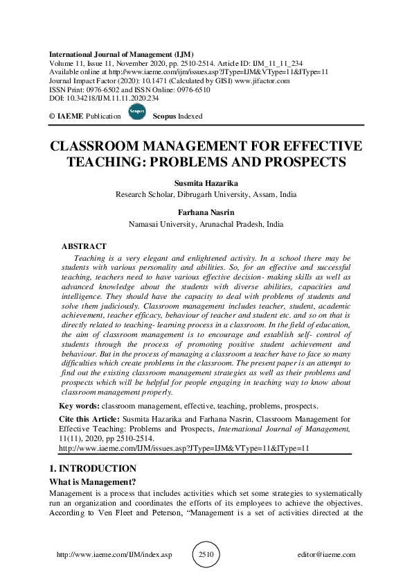 (PDF) CLASSROOM MANAGEMENT FOR EFFECTIVE TEACHING PROBLEMS AND