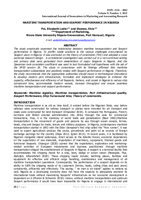 (DOC) MARITIME TRANSPORTATION AND SEAPORT PERFORMANCE IN NIGERIA