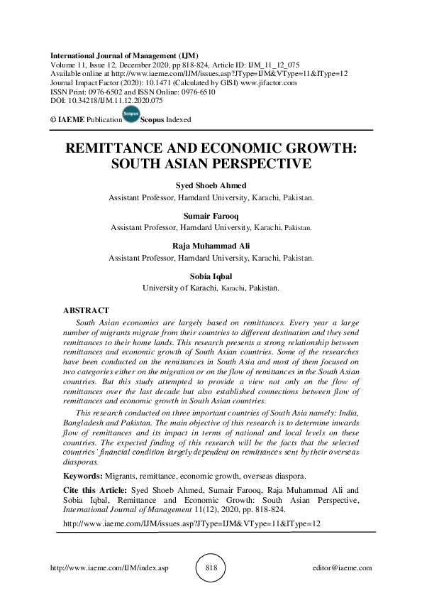 (PDF) REMITTANCE AND ECONOMIC GROWTH: SOUTH ASIAN PERSPECTIVE