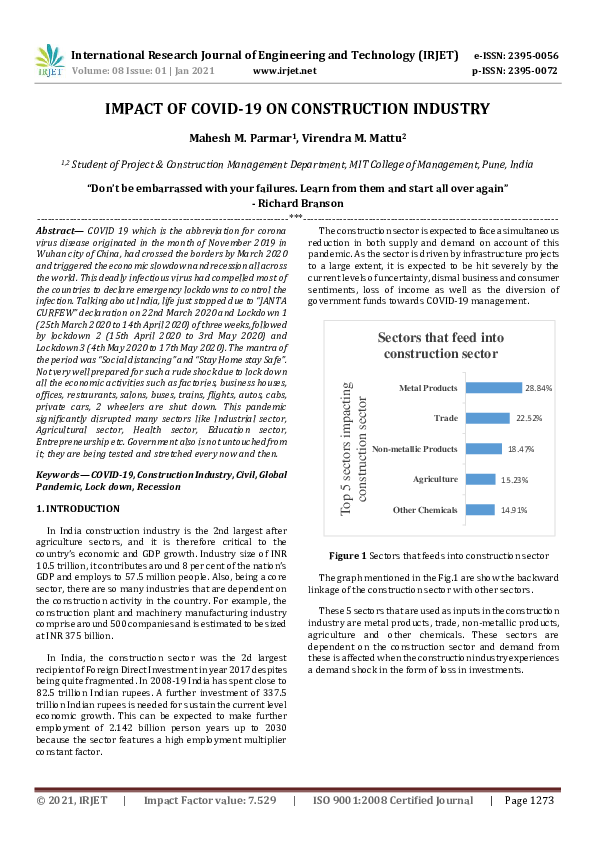 (PDF) IRJET- IMPACT OF COVID-19 ON CONSTRUCTION INDUSTRY