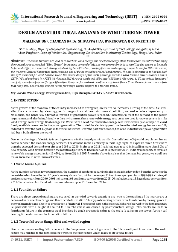 (PDF) IRJET- DESIGN AND STRUCTURAL ANALYSIS OF WIND TURBINE TOWER