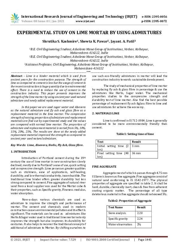(PDF) IRJET- EXPERIMENTAL STUDY ON LIME MORTAR BY USING ADMIXTURES