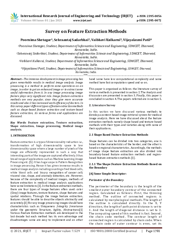(PDF) IRJET- Survey on Feature Extraction Methods