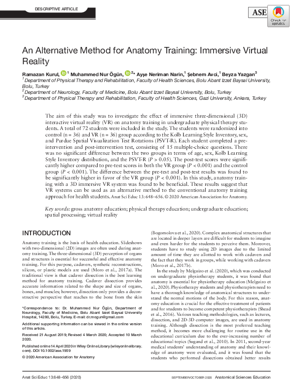 (PDF) An Alternative method for Anatomy training: Immersive Virtual reality