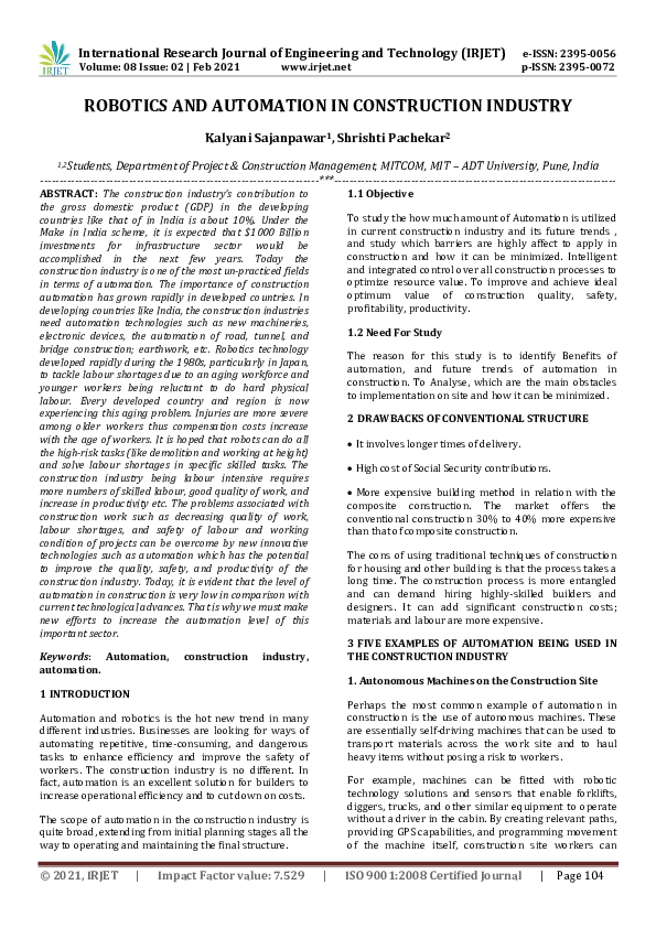 (PDF) IRJET- ROBOTICS AND AUTOMATION IN CONSTRUCTION INDUSTRY