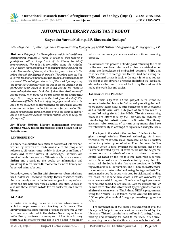 (PDF) IRJET- AUTOMATED LIBRARY ASSISTANT ROBOT