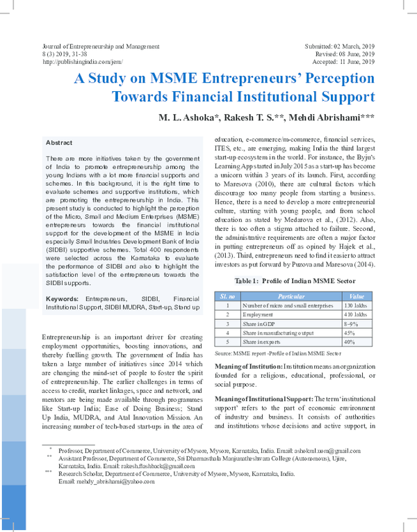 (PDF) A Study on MSME Entrepreneurs' Perception Towards Financial ...