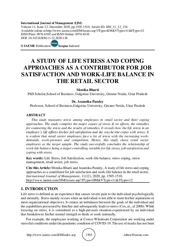 (PDF) A STUDY OF LIFE STRESS AND COPING APPROACHES AS A CONTRIBUTOR FOR ...