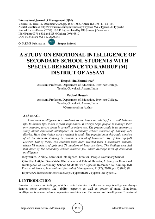 (PDF) A STUDY ON EMOTIONAL INTELLIGENCE OF SECONDARY SCHOOL STUDENTS ...