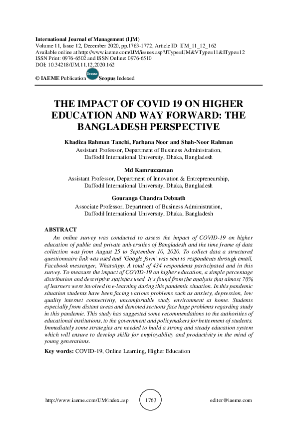 (PDF) THE IMPACT OF COVID 19 ON HIGHER EDUCATION AND WAY FORWARD: THE ...