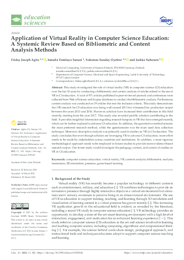 (PDF) Application of Virtual Reality in Computer Science Education: A ...