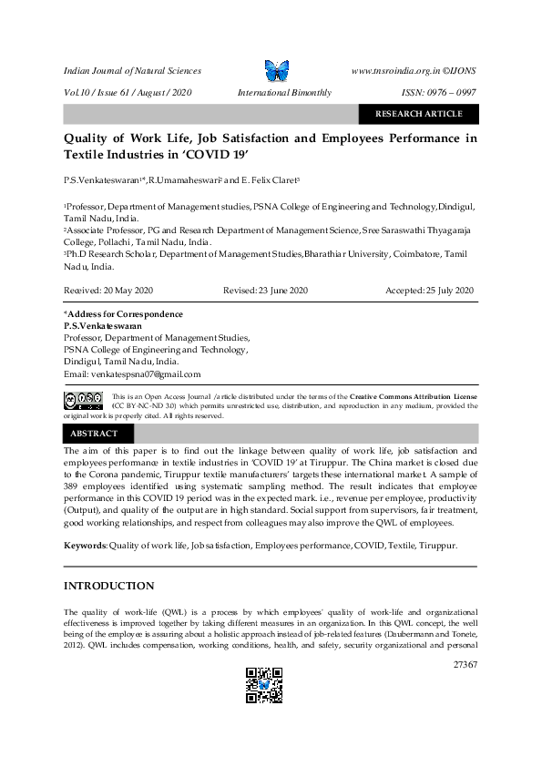  PDF Quality Of Work Life Job Satisfaction And Employees Performance 