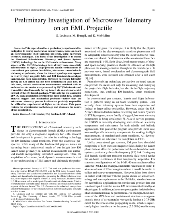 (PDF) Preliminary investigation of microwave telemetry on an eml projectile