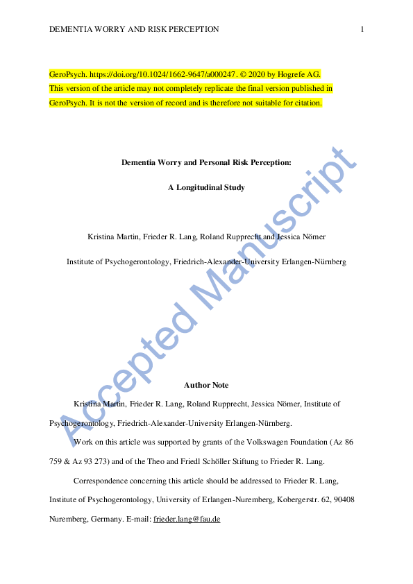 (PDF) Dementia Worry and Personal Risk Perception: A Longitudinal Study