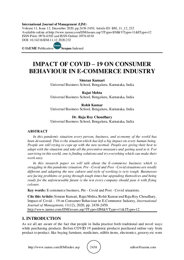 (PDF) IMPACT OF COVID – 19 ON CONSUMER BEHAVIOUR IN E-COMMERCE INDUSTRY
