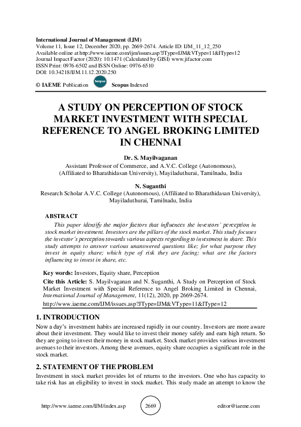 (PDF) A STUDY ON PERCEPTION OF STOCK MARKET INVESTMENT WITH SPECIAL ...