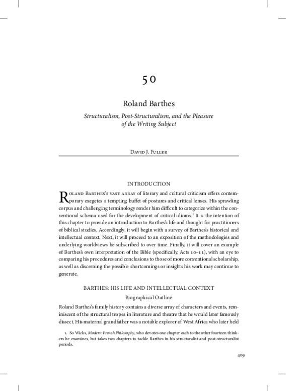 (PDF) Roland Barthes Structuralism, PostStructuralism, and the