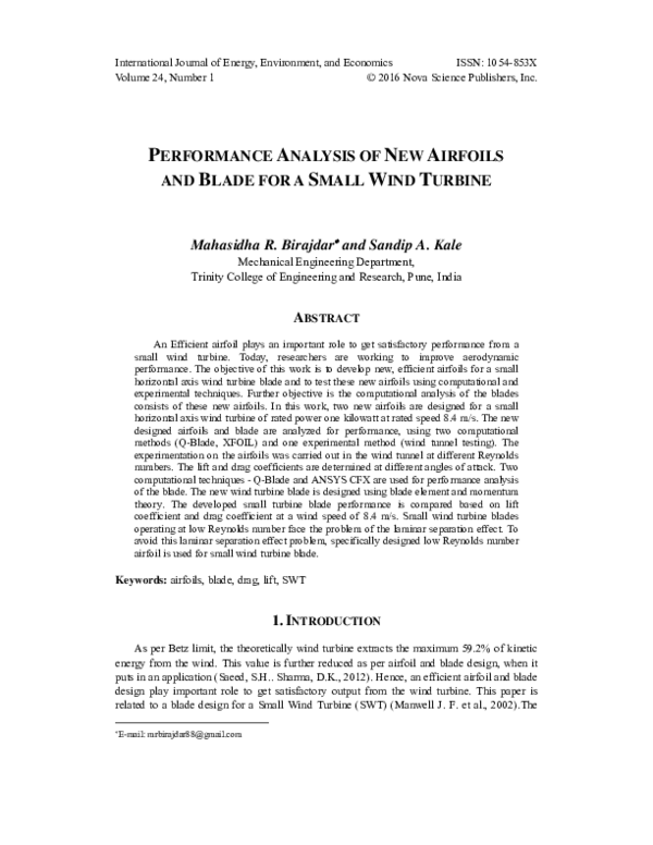 (PDF) PERFORMANCE ANALYSIS OF NEW AIRFOILS AND BLADE FOR A SMALL WIND ...