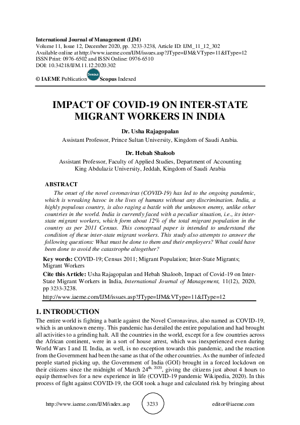 (PDF) IMPACT OF COVID-19 ON INTER-STATE MIGRANT WORKERS IN INDIA