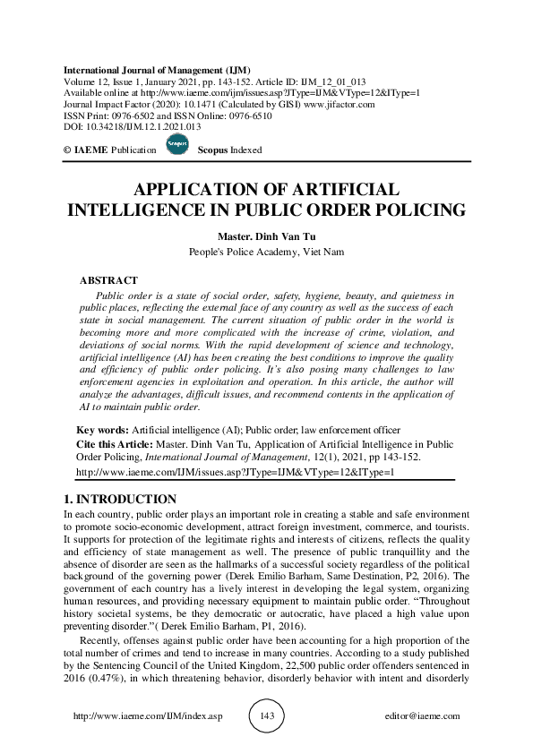 (PDF) APPLICATION OF ARTIFICIAL INTELLIGENCE IN PUBLIC ORDER POLICING