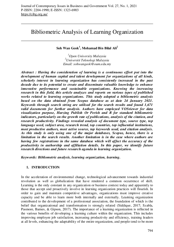(PDF) Bibliometric Analysis of Learning Organization