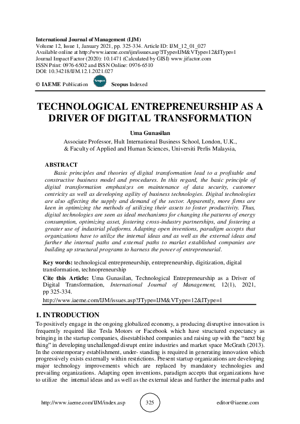 (PDF) TECHNOLOGICAL ENTREPRENEURSHIP AS A DRIVER OF DIGITAL TRANSFORMATION