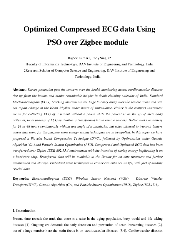 (PDF) Optimized Compressed ECG data Using PSO over Zigbee module