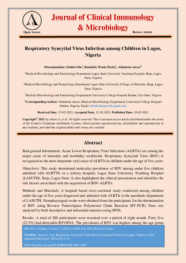 (PDF) Respiratory Syncytial Virus Infection among Children in Lagos ...