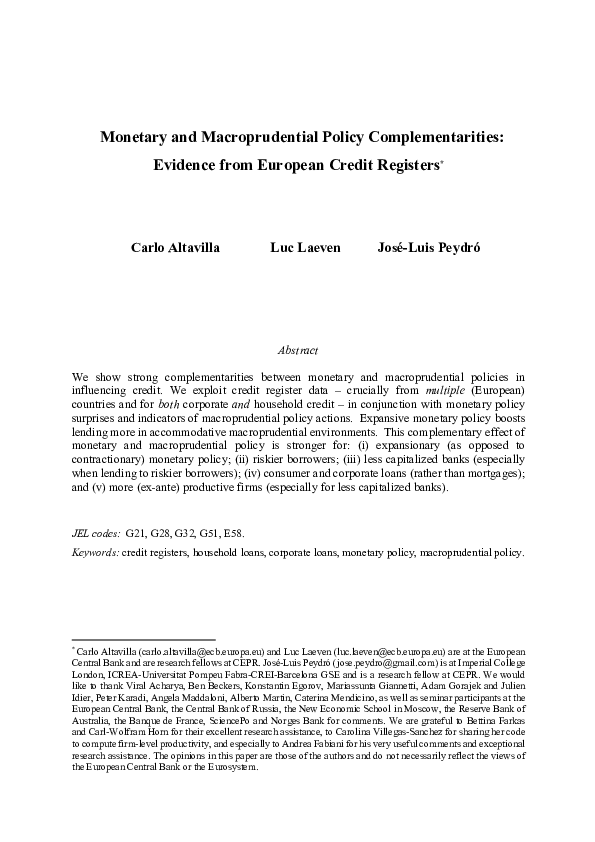 (PDF) Monetary and Macroprudential Policy Complementarities: Evidence ...