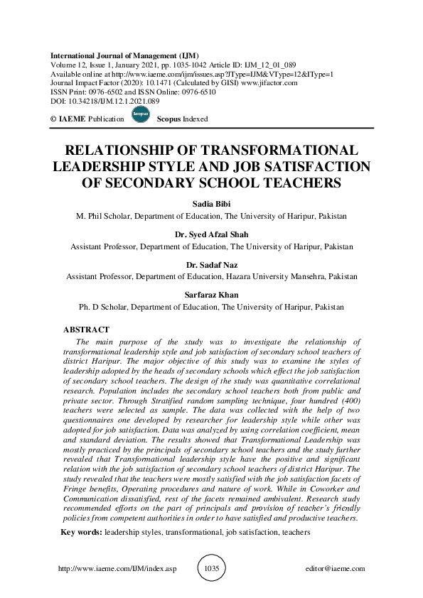 (PDF) RELATIONSHIP OF TRANSFORMATIONAL LEADERSHIP STYLE AND JOB ...