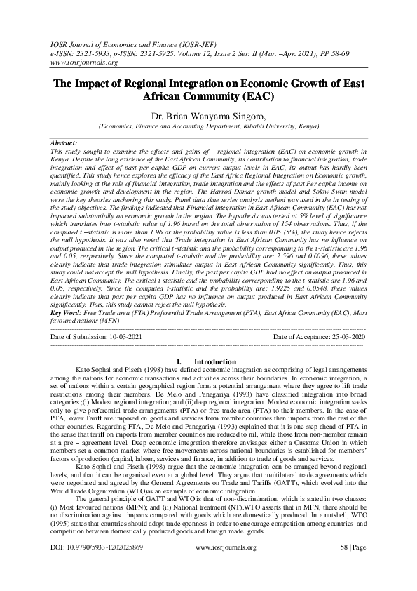 (PDF) The Impact of Regional Integration on Economic Growth of East ...