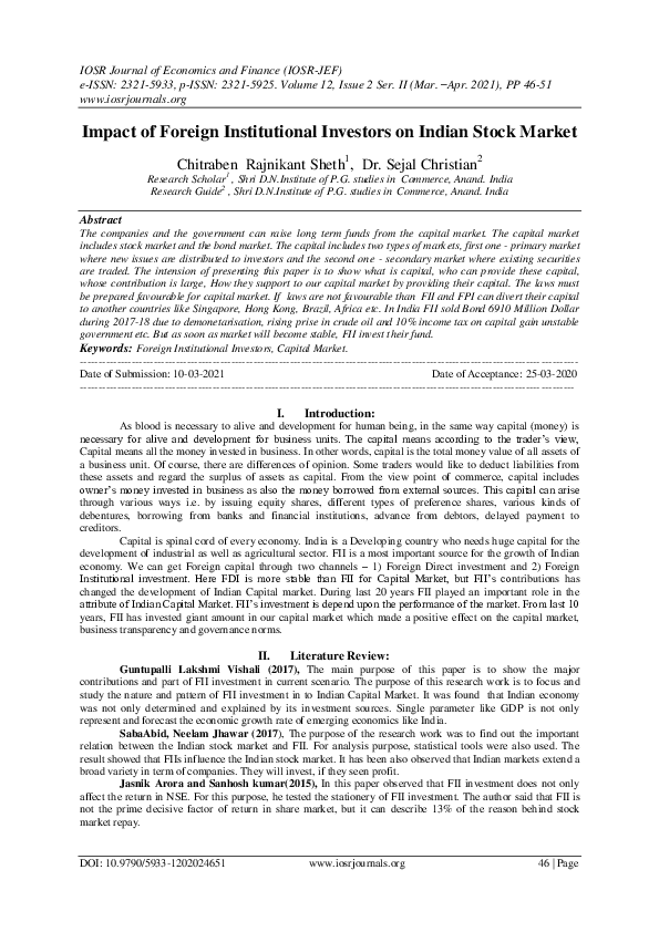 (PDF) Impact of Foreign Institutional Investors on Indian Stock Market