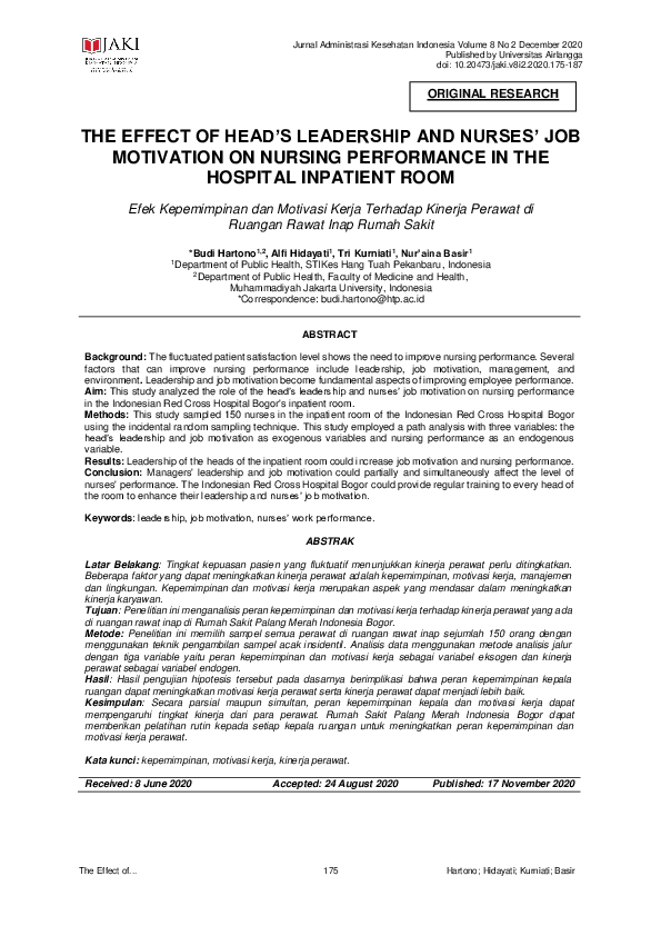 (PDF) THE EFFECT OF HEAD'S LEADERSHIP AND NURSES' JOB MOTIVATION ON ...