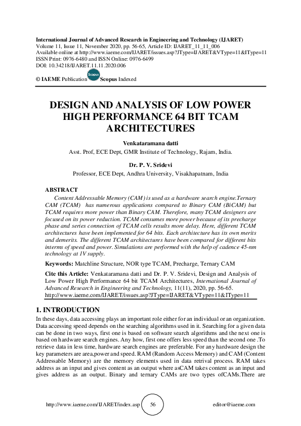 (PDF) DESIGN AND ANALYSIS OF LOW POWER HIGH PERFORMANCE 64 BIT TCAM ...