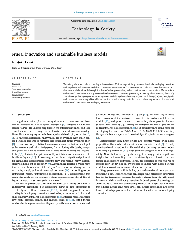 (PDF) Frugal innovation and sustainable business models