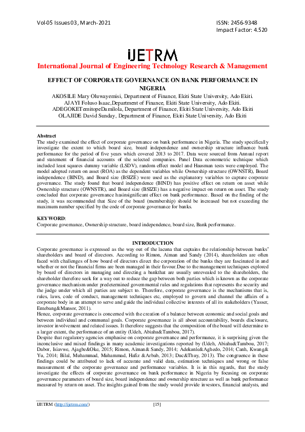 (PDF) EFFECT OF CORPORATE GOVERNANCE ON BANK PERFORMANCE IN NIGERIA