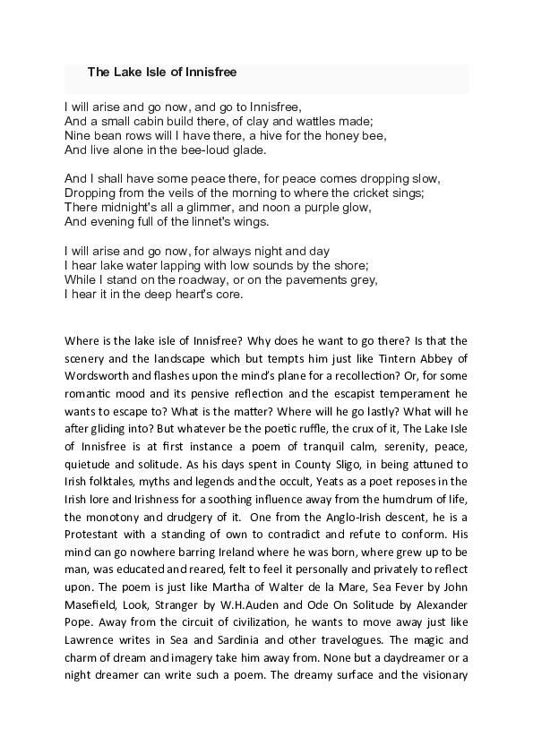 Doc The Lake Isle Of Innisfree Bijay Kant Dubey Academia Edu