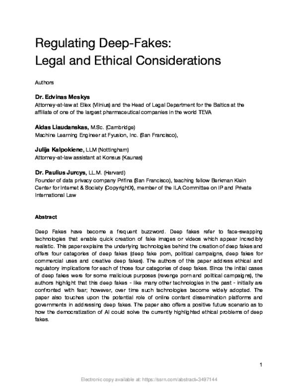 (PDF) Regulating Deep Fakes: Legal and Ethical Considerations