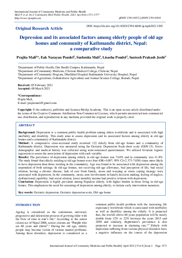 (PDF) Depression and its associated factors among elderly people of old ...