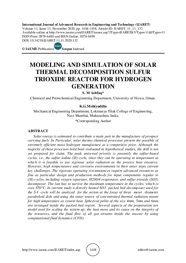 (PDF) MODELING AND SIMULATION OF SOLAR THERMAL DECOMPOSITION SULFUR ...