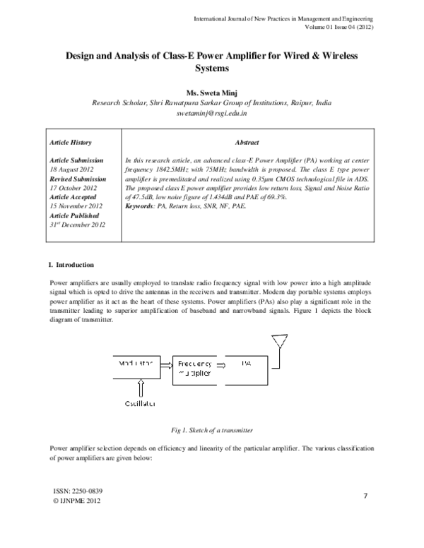 (PDF) Design and Analysis of Class-E Power Amplifier for Wired ...