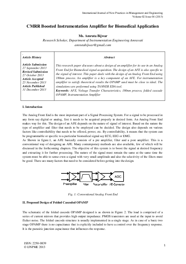 (PDF) CMRR Boosted Instrumentation Amplifier for Biomedical Application